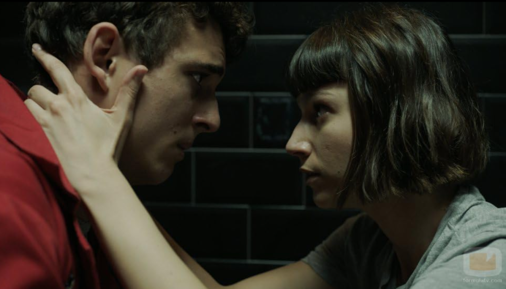 A close-up of two characters in Money Heist during an intense conversation.