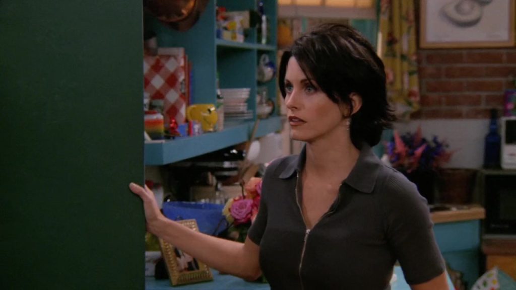 Monica standing in the kitchen in Friends S02E03, perfect for language learning