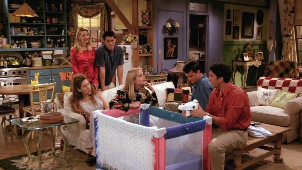 Ross and friends gathered in Monica's apartment, illustrating cultural humor and practical English dialogue.