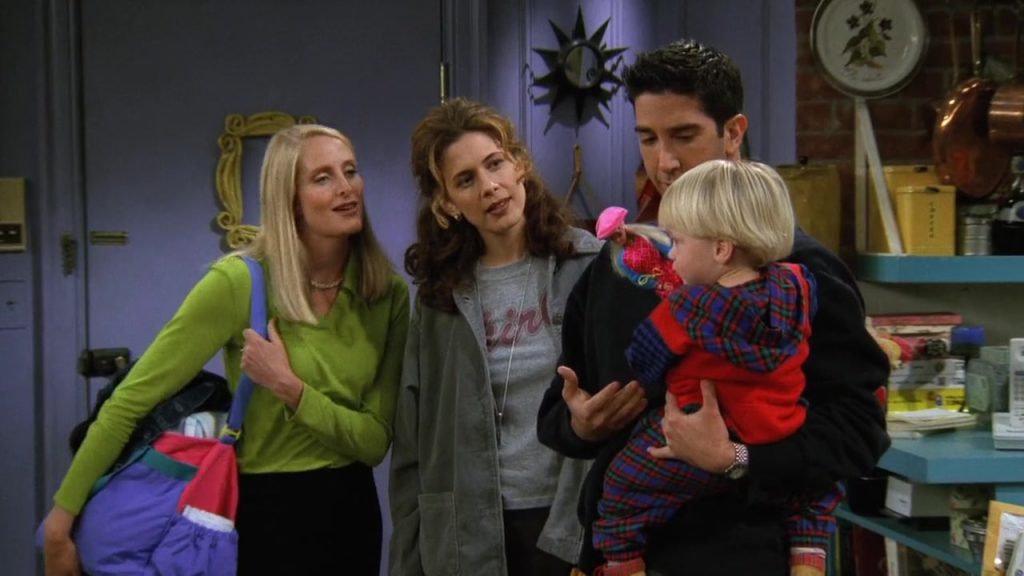 "Ross, Carol, and Susan with Ben in Friends S03E04, showcasing a fun and engaging way to improve English through TV series."