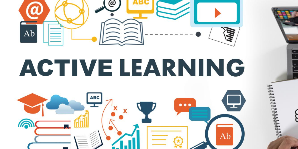 "Illustration representing active learning, featuring books, digital devices, and educational icons symbolizing speaking practice and language acquisition."