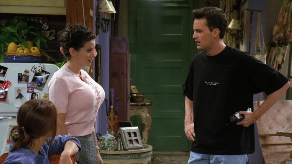"Monica and Chandler in Friends S03E04, delivering a hilarious exchange—an example of humor and cultural nuances in English learning."