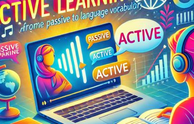 "A person actively learning a new language by watching a movie with dual subtitles, speaking along with the dialogue. Speech bubbles illustrate words transitioning from passive to active vocabulary. A glowing progress bar highlights improvement. Background elements include books, headphones, and a globe, symbolizing immersive language learning."