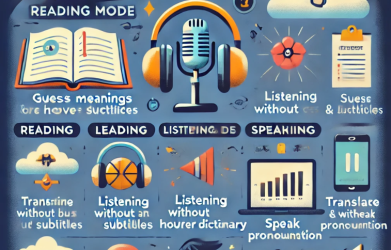 Fluency Gym infographic showing three core modes: Reading, Listening, and Speaking for active English learning