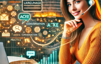 Young woman practicing speaking with Funfluen, using a headset and laptop, surrounded by conversation bubbles and active learning elements.