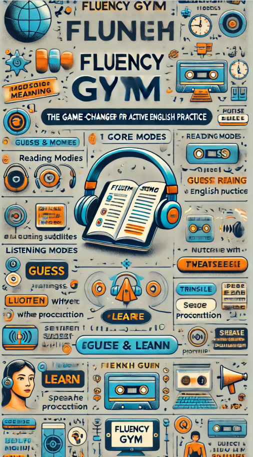 "Fluency Gym - Enhance English Speaking Practice with Active Learning" Comprehensive Fluency Gym infographic illustrating active English learning through interactive reading, listening, and speaking practice.
