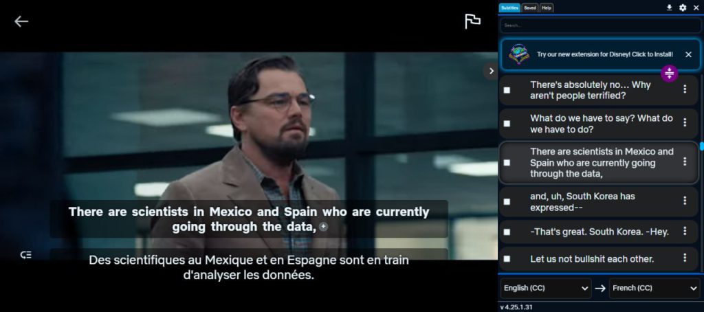 A Netflix scene with dual subtitles using the FunFluen extension for language learning.