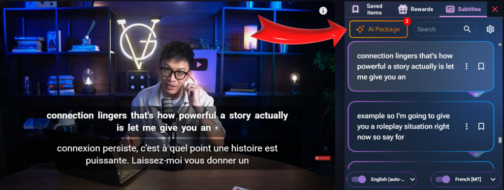FunFluen AI Package section showing saved subtitle insights for contextual language learning