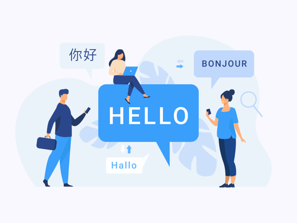 Illustration of people speaking different languages with speech bubbles and AI translation concept