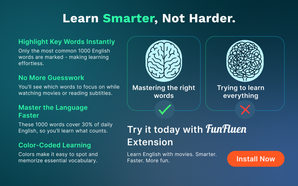 FunFluen highlighted words feature showing real-time vocabulary highlights on video subtitles