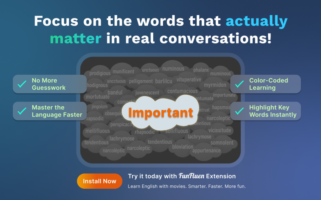 Interactive vocabulary highlights by FunFluen on movie subtitles