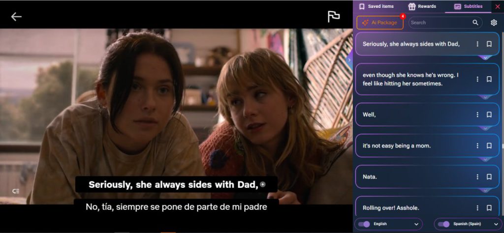 Woman learning French through Netflix TV shows with AppForLanguage subtitles and vocabulary tools