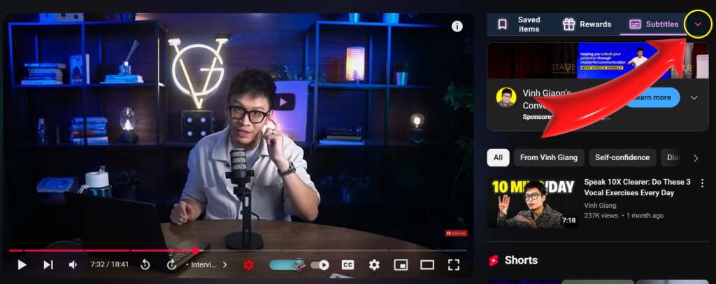 FunFluen sidebar UI showing AI subtitle tools, saved insights, and rewards system