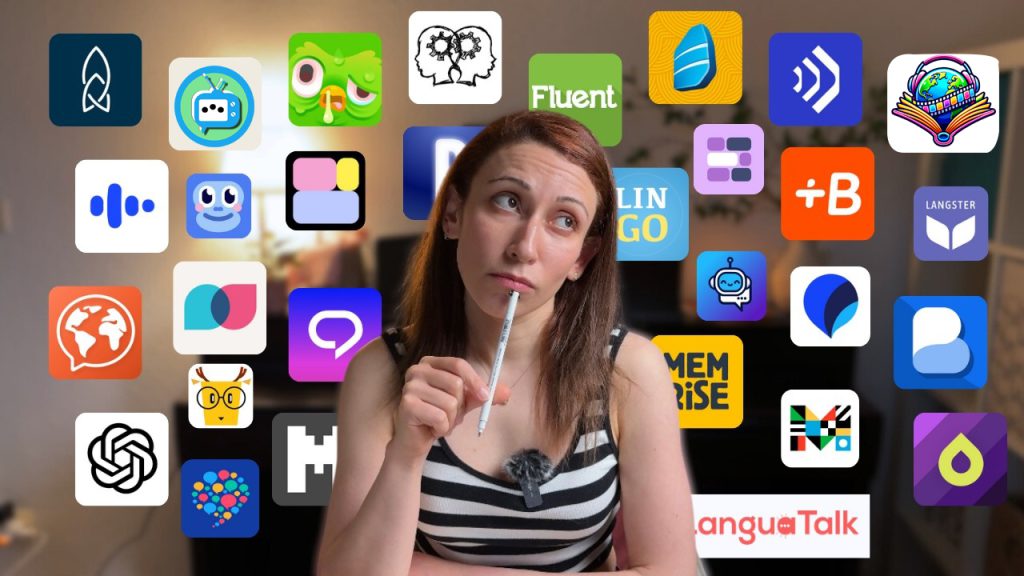 Woman comparing the best AI tools for language learning with app icons floating around