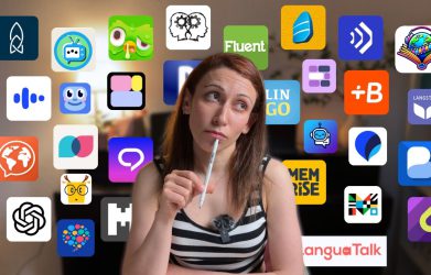 Woman comparing the best AI tools for language learning with app icons floating around