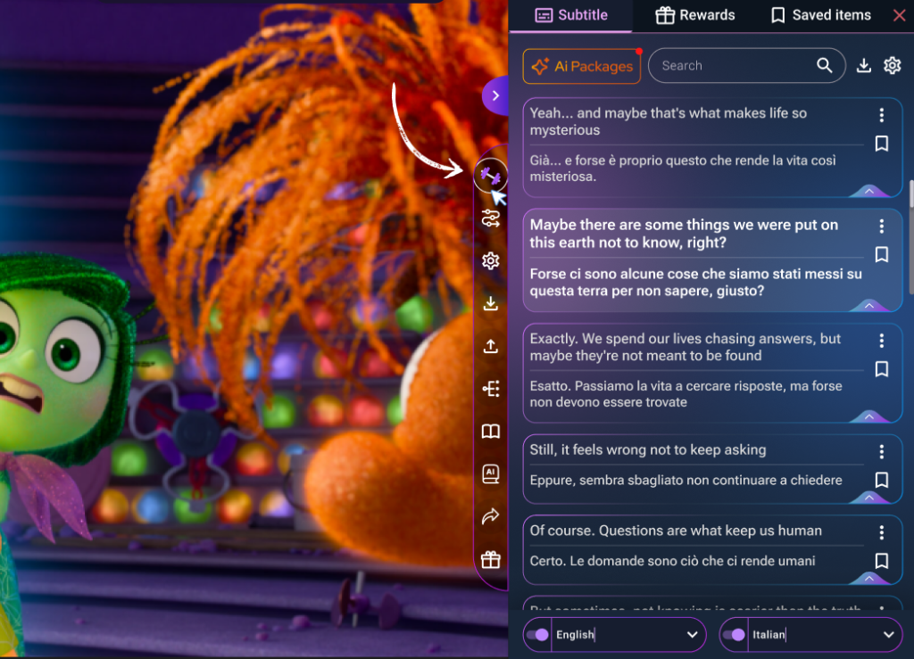 Guess or speak the line feature of Fluency Gym in a movie scene