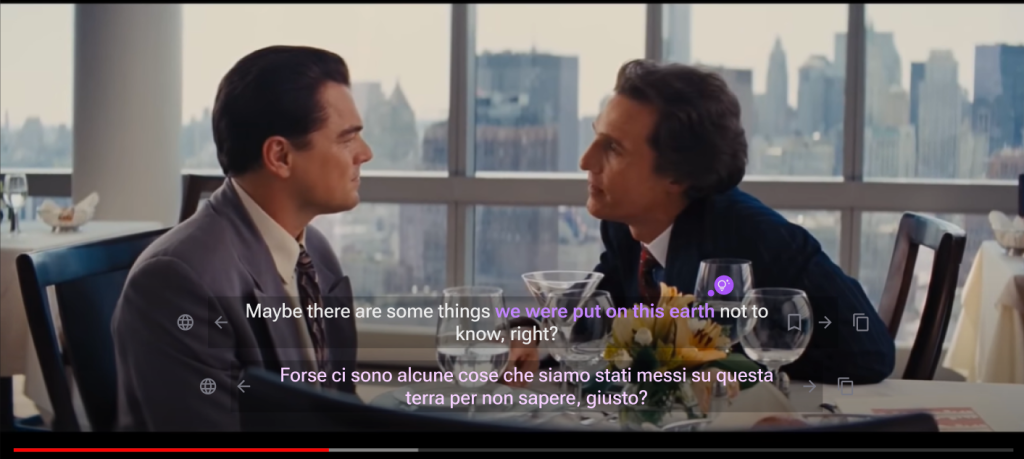 Funfluen browser extension showing vocabulary popup while watching a movie with subtitles