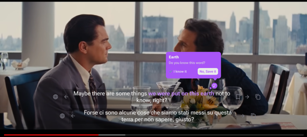 Funfluen browser extension showing vocabulary popup while watching a movie with subtitles