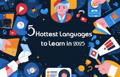 Infographic showing top languages to learn in 2025 with digital icons and learning elements