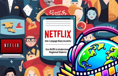 Colorful illustration showing diverse Netflix characters and global cultures, promoting how to understand different accents in a language.