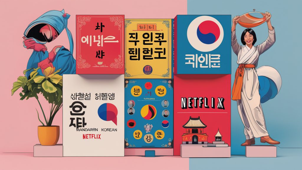 Korean and Mandarin language blocks with Netflix branding and cultural elements