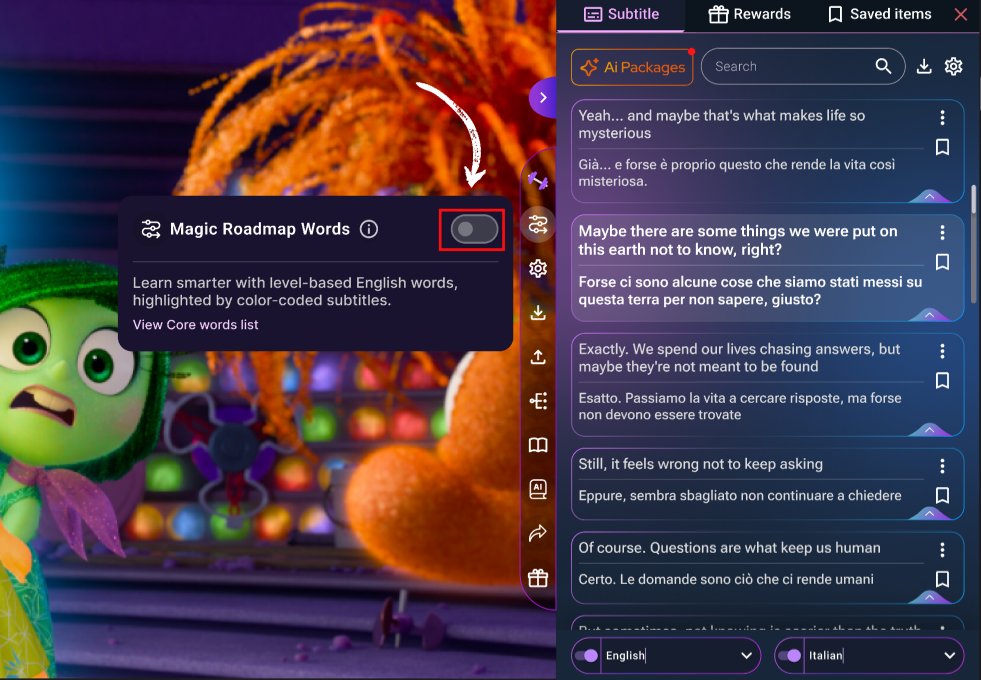 magic Roadmap Words tab with subtitle colors and language selection