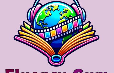 Fluency Gym logo with globe, headphones, and open book