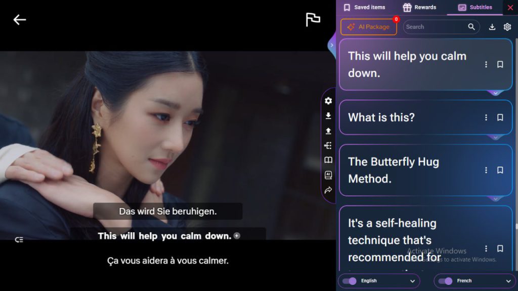 Woman comforted while watching a scene with tri-subtitles in German, English, and French using FunFluen