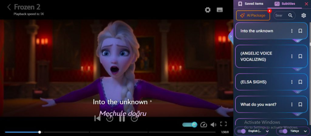 Frozen 2 "Into the Unknown" scene with language tools for learning English idioms