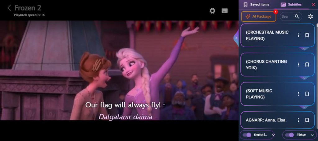Elsa and Anna in Frozen 2 scene with dual subtitles for learning English idioms