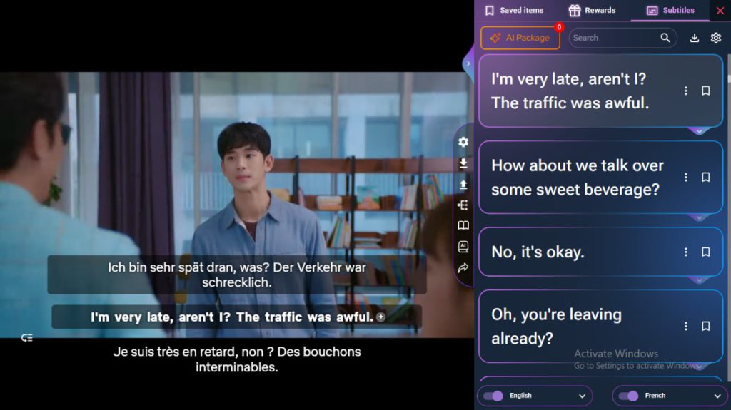 Man speaking with subtitles in German, English, and French using tri-subtitles for immersive learning