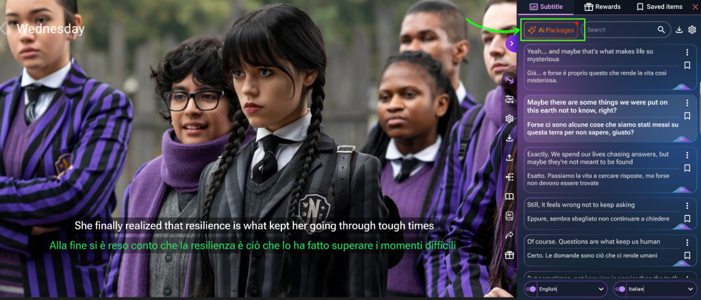 AI Package feature button highlighted beside the video for subtitle insights