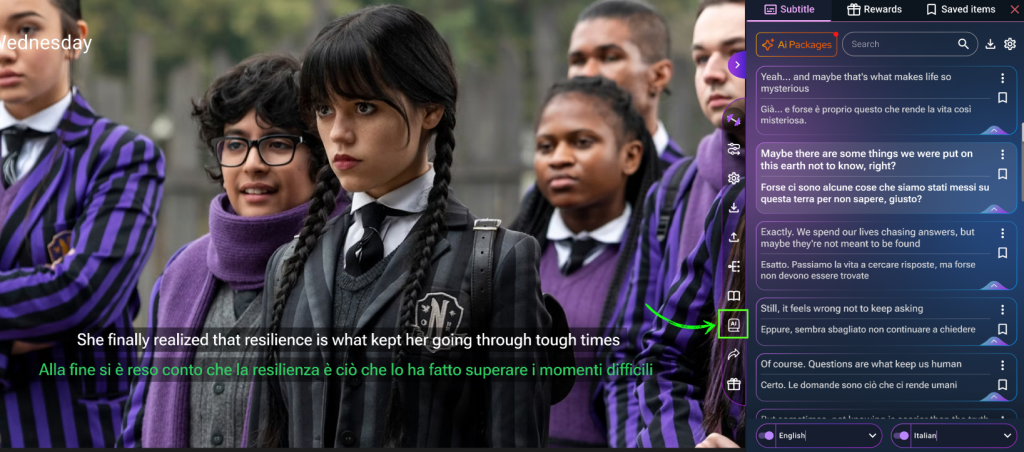 AI-generated language summary with idioms and key vocabulary from Wednesday