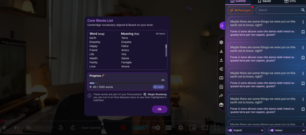 Core Words Cambridge-aligned keyword popup for English learners