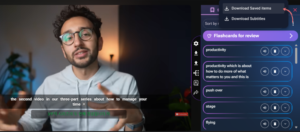 Download subtitles and saved items menu in language app
