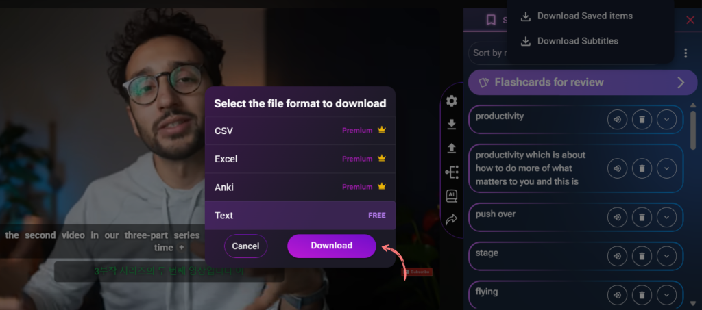 File format options for exporting saved items (CSV, Anki, Text)