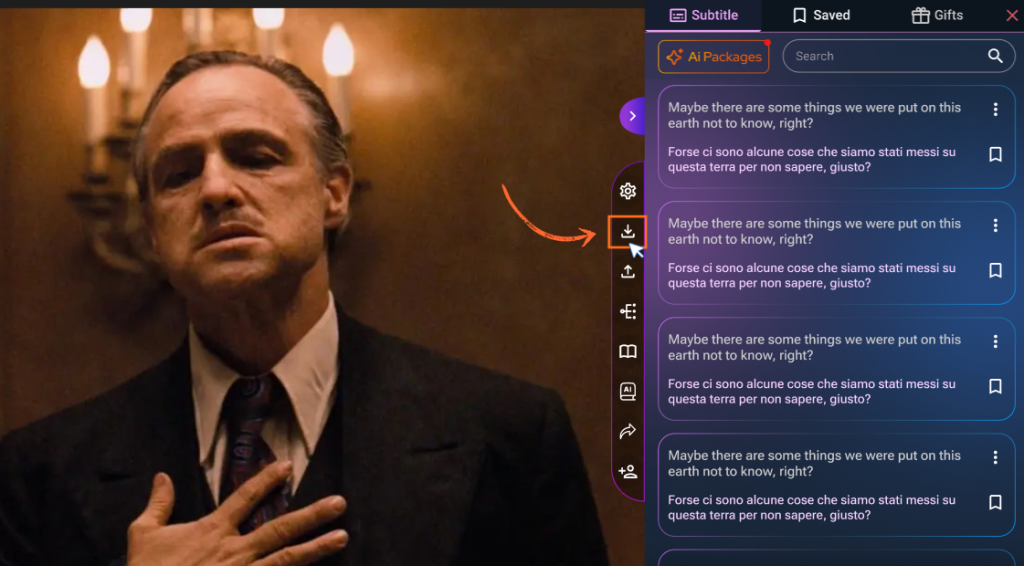 Click the subtitle download icon to export movie dialogues