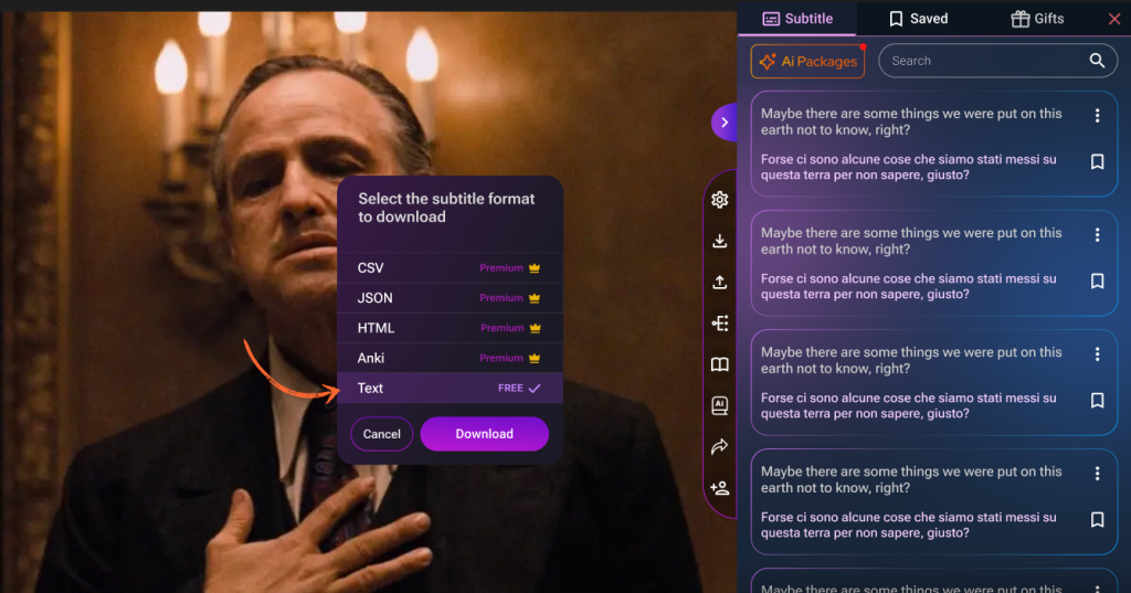 Selecting text format to download subtitles for language learning