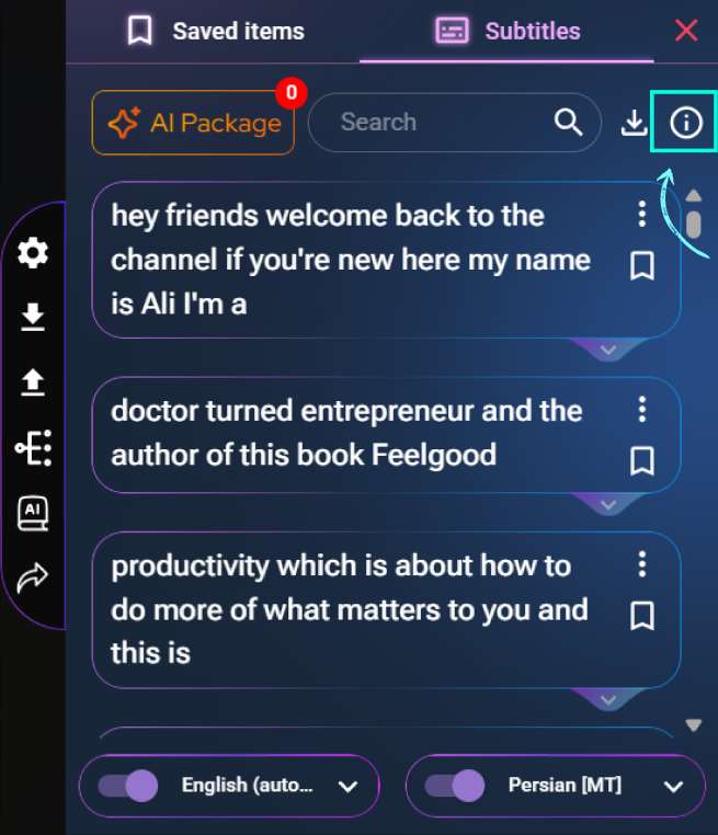 Saved items and search interface in language learning extension