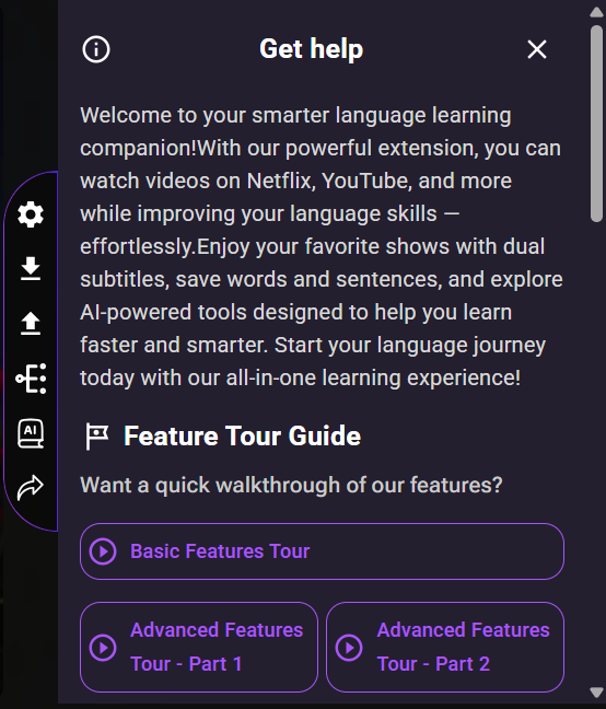 Welcome screen for language learning extension with dual subtitles