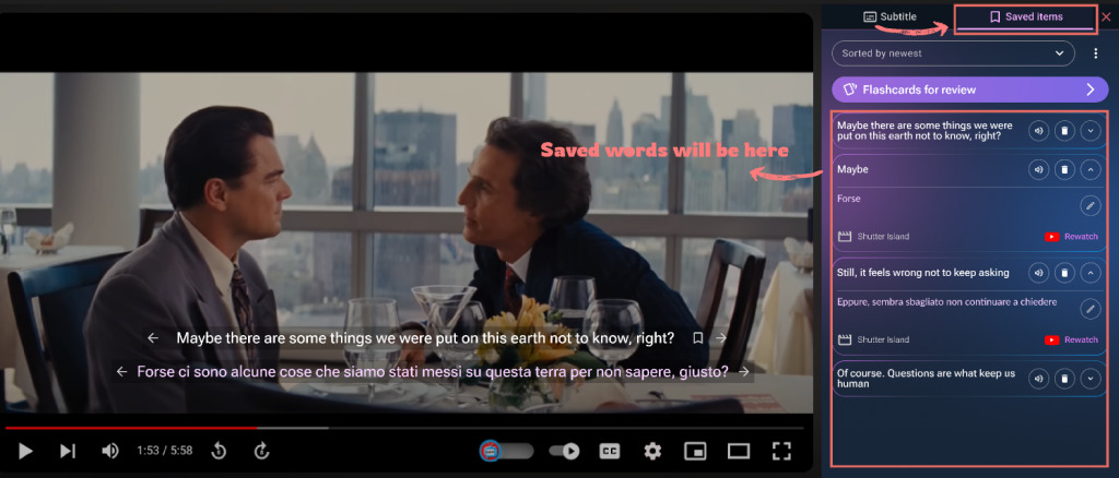 Flashcard-style review panel showing saved sentences
