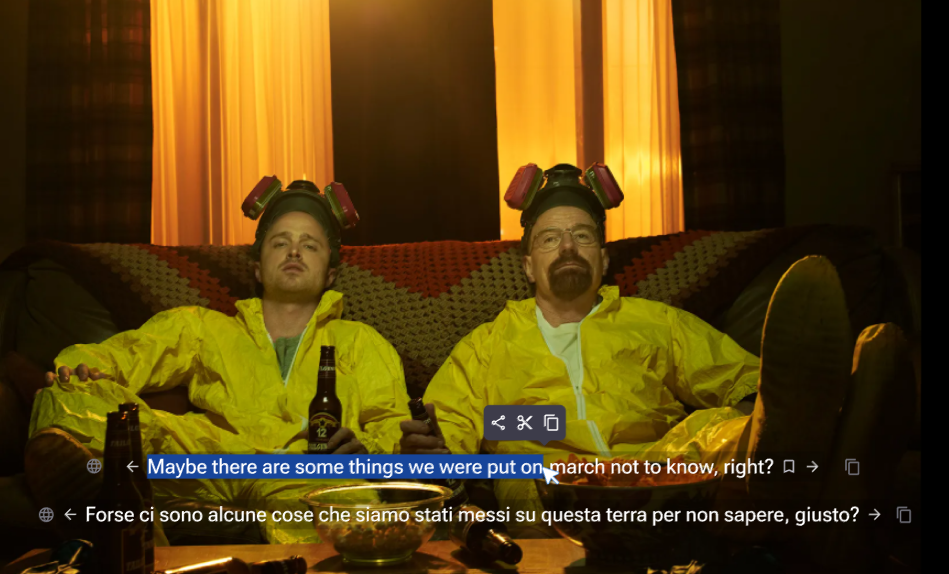 User selects a sentence from Netflix subtitles to share using FunFluen