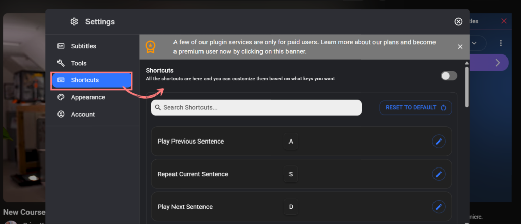 Keyboard shortcut settings panel showing subtitle control keys
