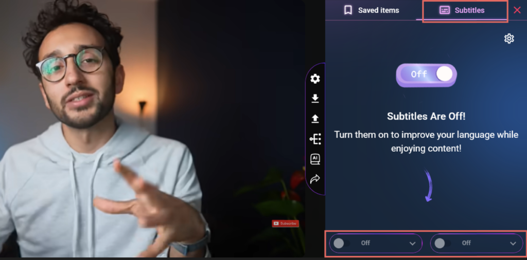 Dual subtitles interface showing language options and translations