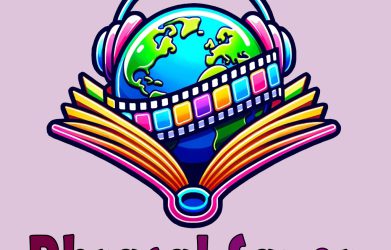 Phrasal Saver logo featuring globe, film strip, and book