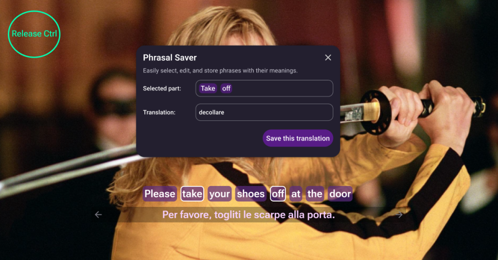 Translation popup for the selected phrase "take off"