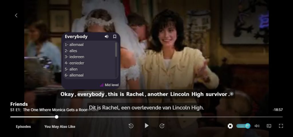 Example of HBO Max dual subtitles in English and Dutch with language learning tool on screen