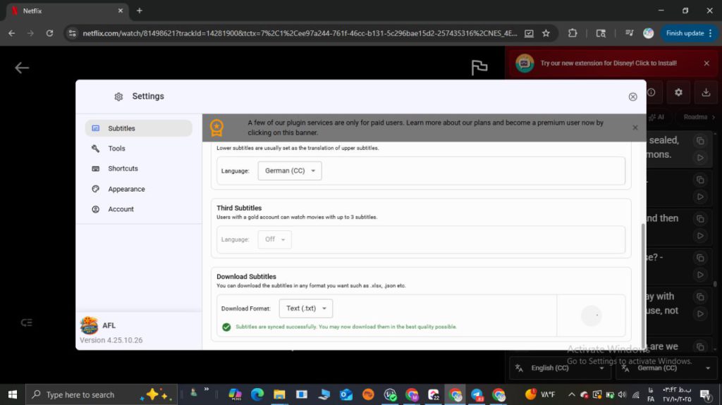 Funfluen settings for netflix dual subtitles: choose languages, enable third subtitles, and pick a download format.
