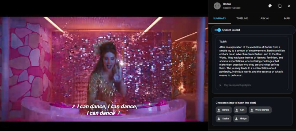 Barbie party dance sequence with the Netflix Summary extension timeline of key moments on the right.
