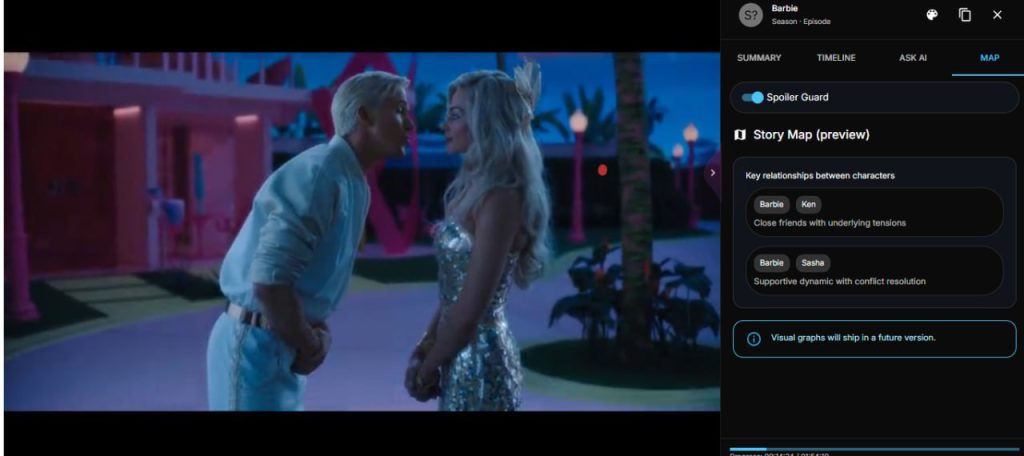 Barbie and Sasha sitting in a car while the Netflix Summary extension shows a TL;DR recap on the right.